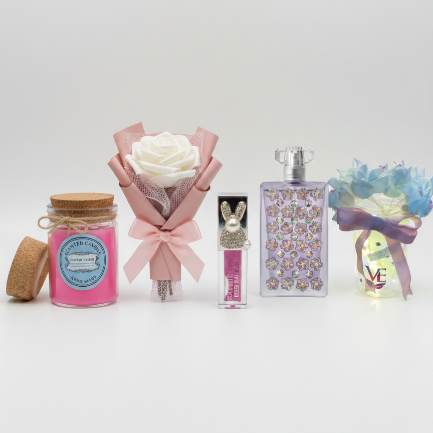 Royal Luxe Gift Hamper – Queen Perfume, Luxe Gloss Bar, Beparwah Candle, Glow Memories Jar & Flower Bouquet (Pack of 5)