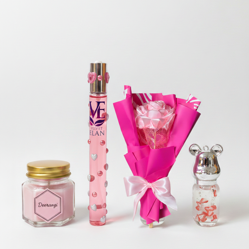 Love Luxe Gift Set – Teddy Lip Elixir, Mann Perfume, Flower Bouquet & Deewangi Candle (Pack of 4)